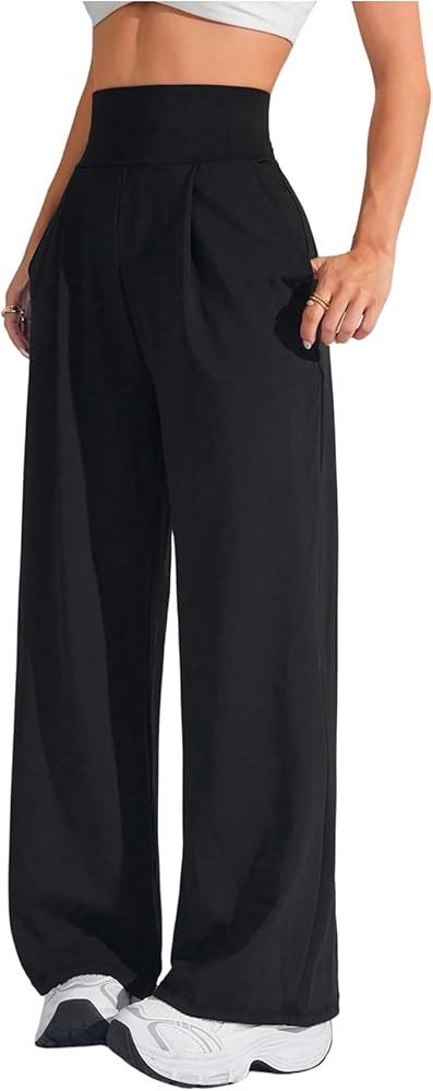 OYOANGLE Women's Wide Leg Yoga Pants Solid High Waist Lounge Pleated Dress Work Sweatpants with P... | Amazon (US)