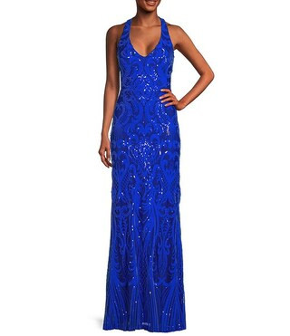 Next Up Sequin Pattern V-Neck Sleeveless X-Back Loop and Lacing Long Dress | Dillard's | Dillard's