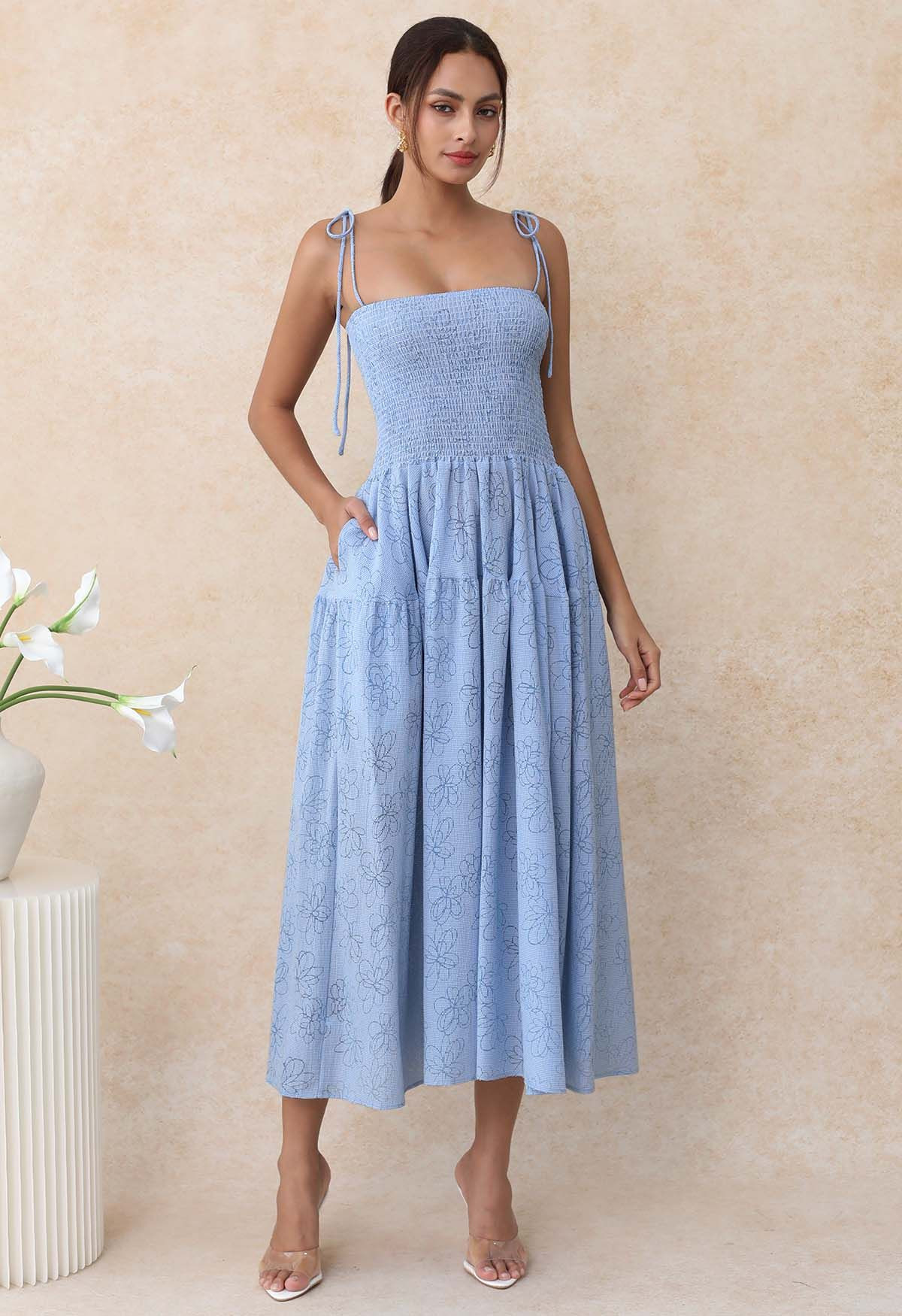 Flower Eyelet Gingham Shirred Cami Dress in Light Blue | Chicwish