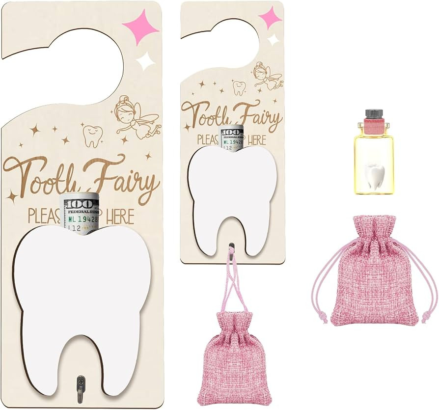 Tooth Fairy Door Hanger, Tooth Fairy tooth Holder Kit with Money Slot Keepsake Bottle Burlap Pouc... | Amazon (US)