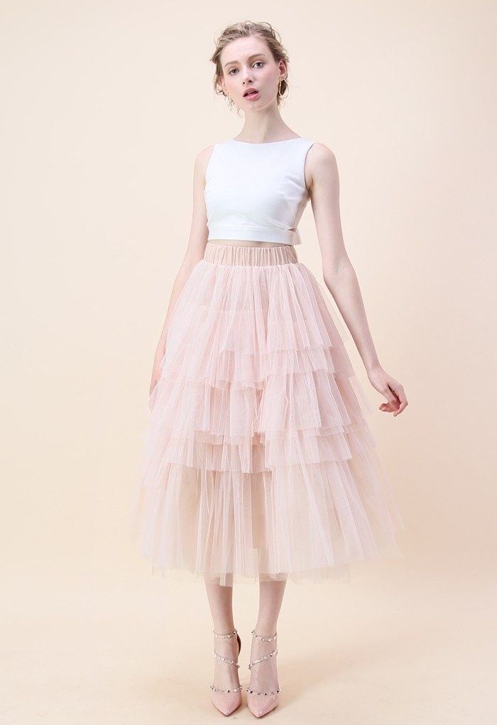 Love Me More Layered Tulle Skirt in Nude Pink | Chicwish