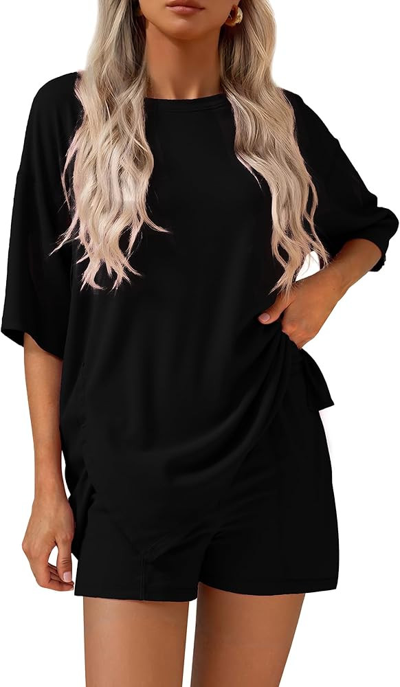 KIRUNDO 2 Piece Sets for Women Summer Lounge Sets Casual Oversized Tshirts Shorts Matching Airpor... | Amazon (US)