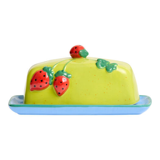Chartreuse and Blue Ceramic Embossed Strawberry Butter Dish by World Market | World Market