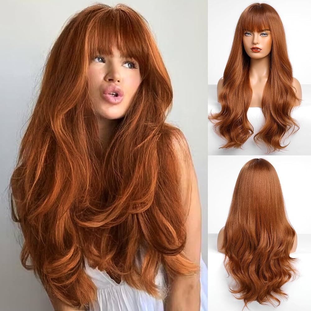 HAIRCUBE Auburn Wig with Bangs for Women Auburn Long Wavy Hair Wig Curly Wavy Synthetic Wigs for ... | Amazon (US)