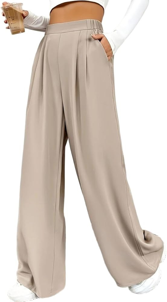 Women's High Waist Pleated Wide Leg Palazzo Pants Casual Loose Flowy Suit Trousers with Pockets W... | Amazon (US)