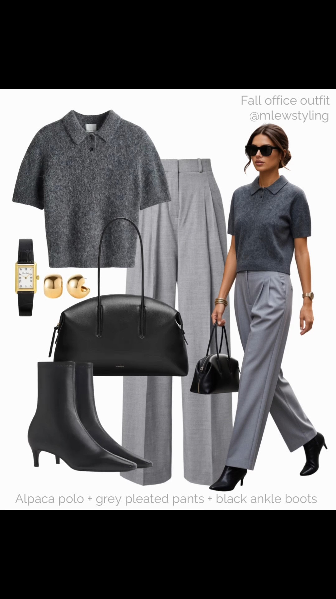 Grey pleated pants styled for the office 🩶

Tags: fall workwear, autumn office outfit, alpaca polo sweater, black leather demellier tote bag, reformation kitten heel boots, black and gold watch, Jenny bird gold earrings, fall outfit formula, capsule wardrobe

#LTKfall #LTKworkwear #LTKshoes
