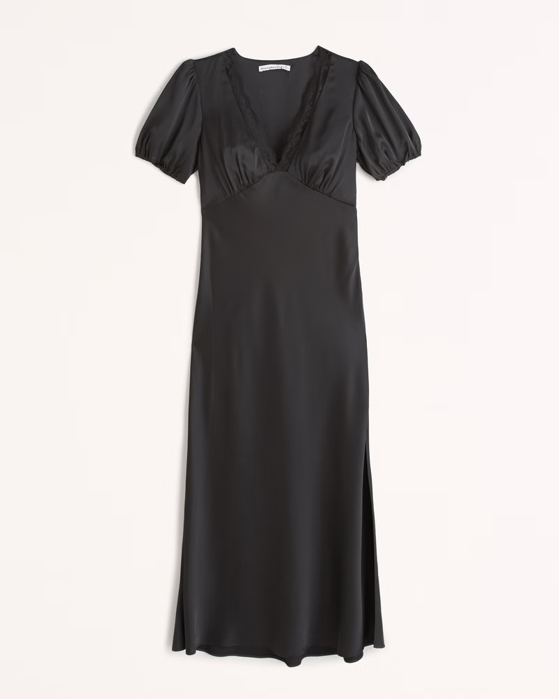 Women's Puff Sleeve Lace-Trim Midi Dress | Women's New Arrivals | Abercrombie.com | Abercrombie & Fitch (US)
