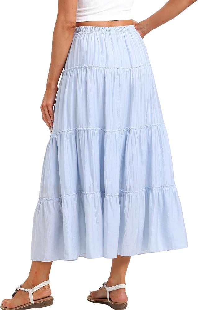 Beaully Long Skirts for Women Boho Elastic Waist Maxi Skirt Flowy Swing Tiered Beach Dress Trendy... | Amazon (US)