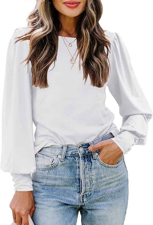 SimpleFun Women's Fall Puff Sleeve Tops Crewneck Casual Loose Blouse Shirts | Amazon (US)