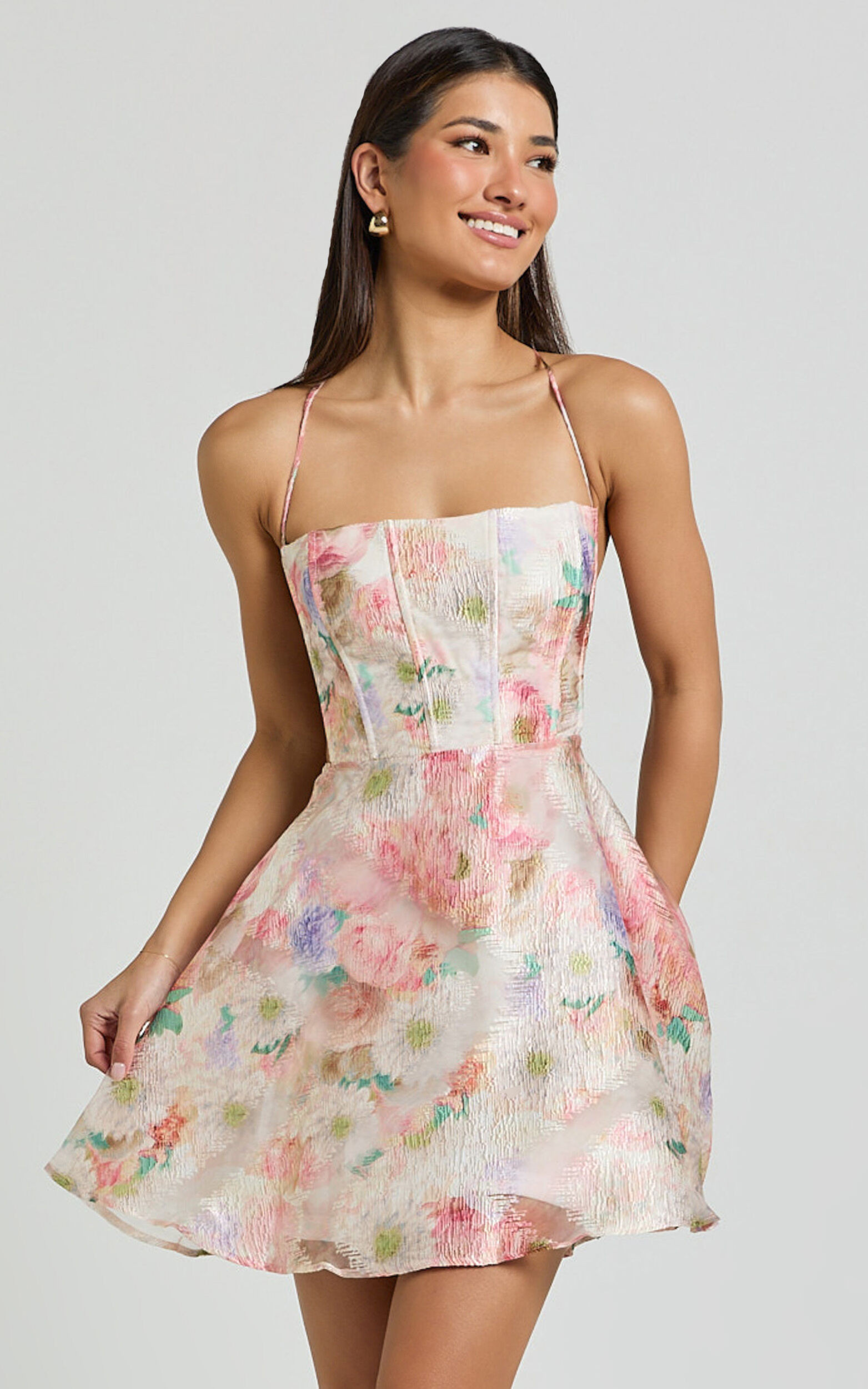 strapless open back dress ASHLEYlauren 4861 – Strapless Beaded Floral Jersey Mini Dress main image 0