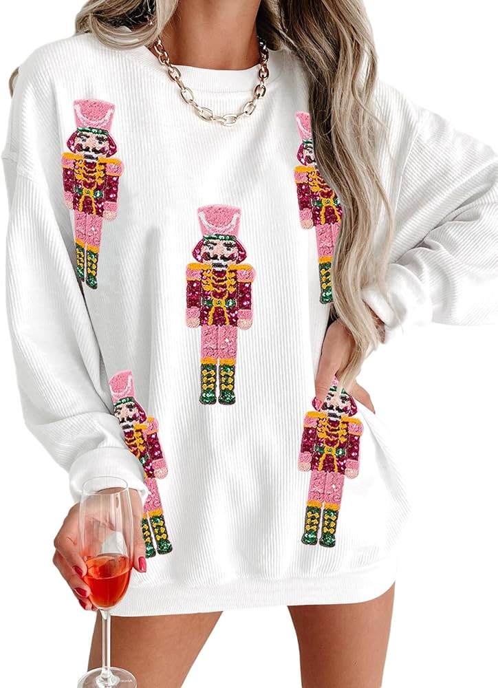 Christmas Sweatshirt Women Sequin Nutcracker Glitter Patch Pullover Long Sleeve Merry Xmas Shirt ... | Amazon (US)