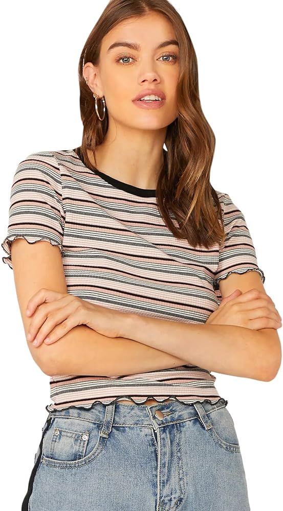 Milumia Women's Casual Multi Striped Ribbed Short Sleeve Solid Tee Knit Top | Amazon (US)