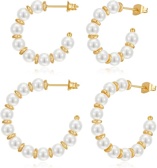 FAMARINE Pearl Hoop Earrings for Women Lightweight Pearl Hoops for Girls | Amazon (US)