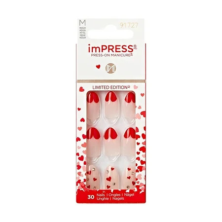 KISS imPRESS No Glue Needed Press On Nails Design You Are A Keeper Red Medium Almond 30 Count | Walmart (US)