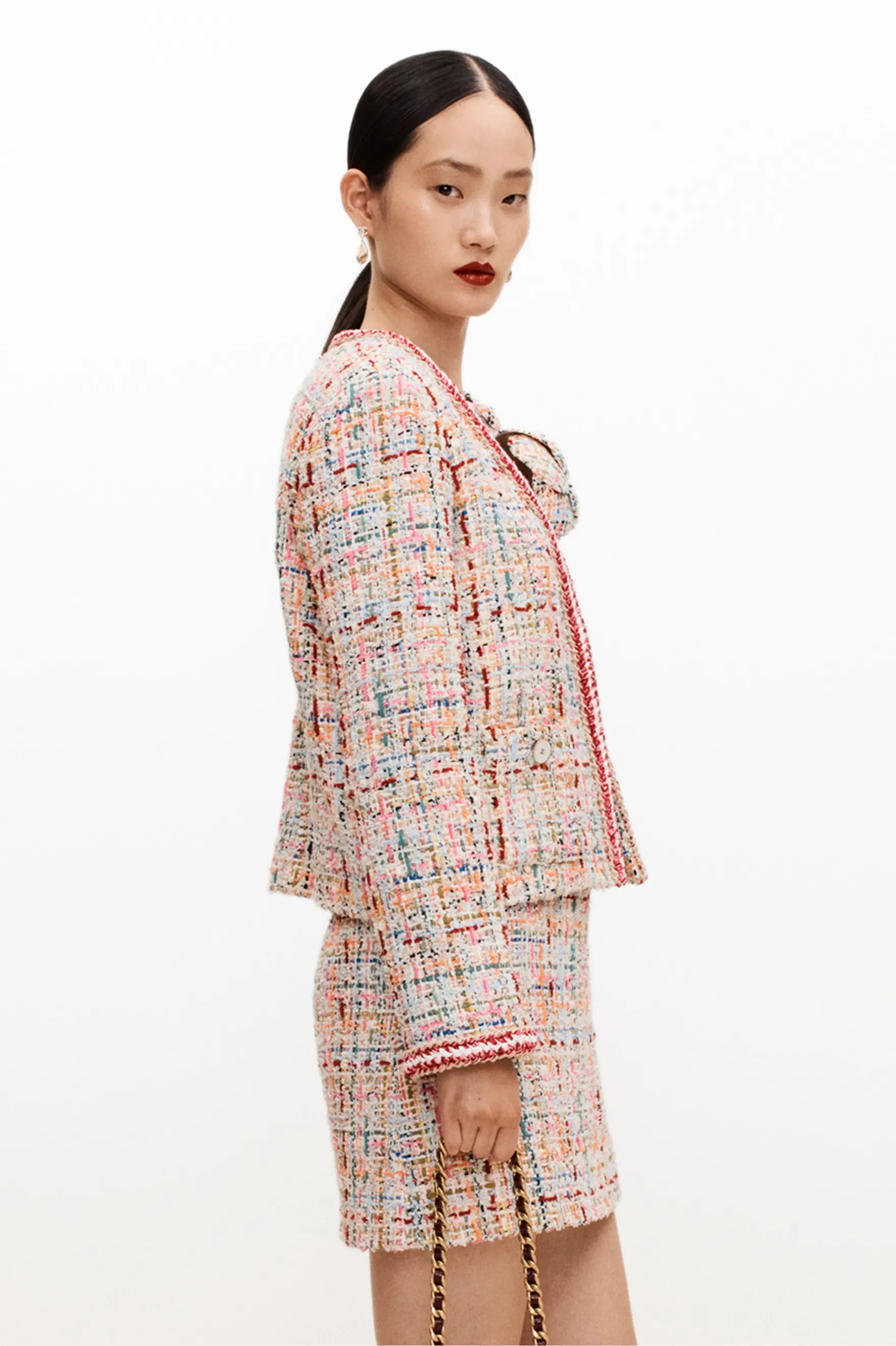 Short skirt - Cotton tweed, ecru, orange, pink & red — Fashion | CHANEL | Chanel, Inc. (US)