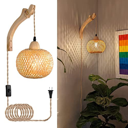 Frideko Bamboo Lantern Plug in Wall Sconces Wicker Wall Lamp with Plug in Cord Hand Woven Rattan Wall Light Farmhouse Rustic Wall Sconces Boho Sconces Wall Lighting for Living Room Bedroom | Amazon (US)