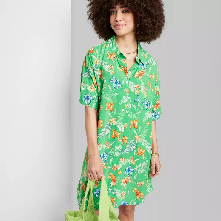 Women's Ascot + Hart Floral Graphic Collared Dress - Green | Target