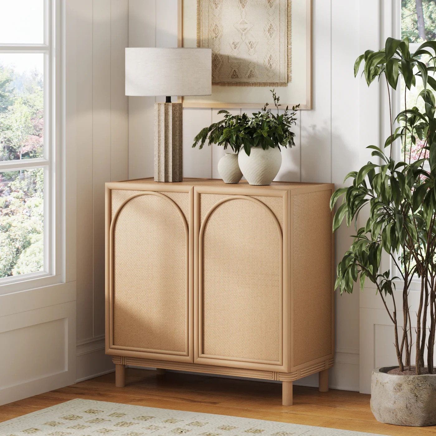 Boho Arched Storage Cabinet with Rattan Doors | Nathan James