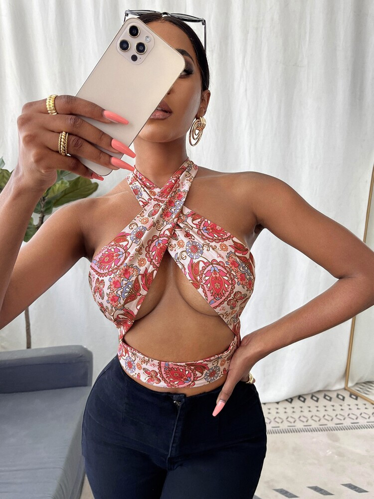 Floral Print Criss Cross Halter Top | SHEIN