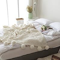 DOUH Pom Pom Knit Throw Blanket, 100% Cotton Soft Cable Knitted Blanket for Sofa and Couch(Ivory,... | Amazon (US)