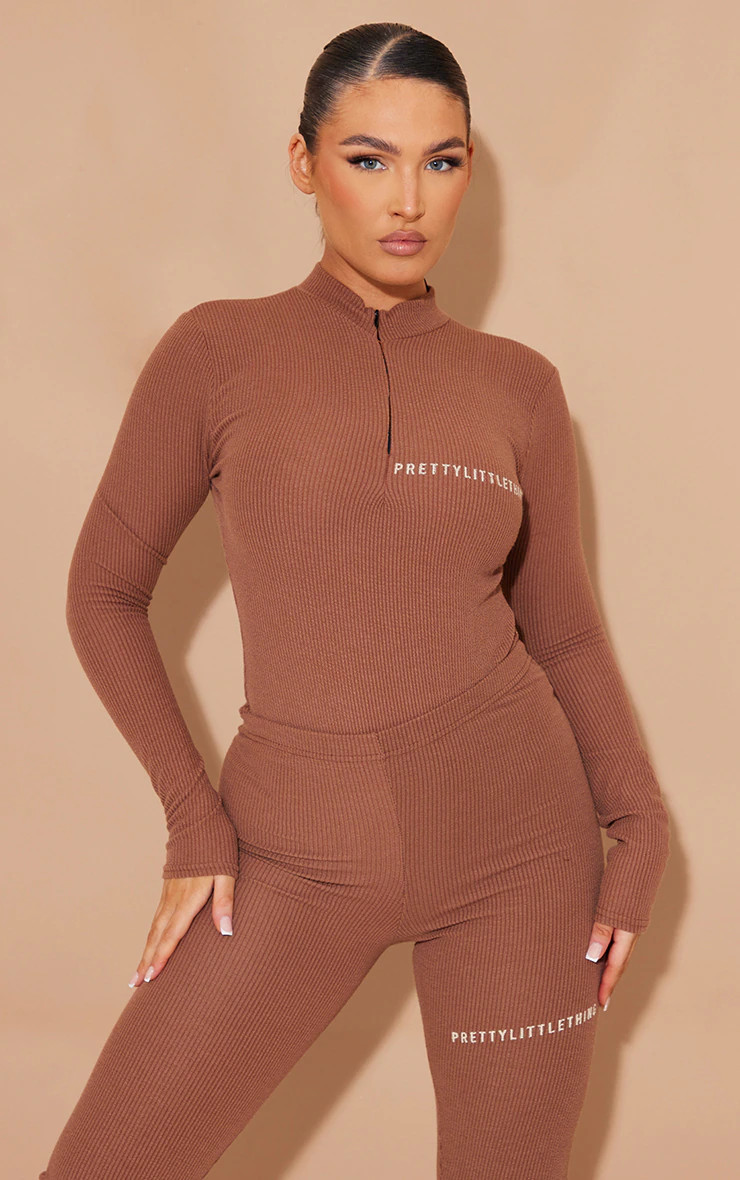PRETTYLITTLETHING Chocolate Rib Half Zip Bodysuit | PrettyLittleThing US