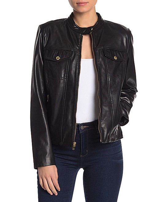 Cole Haan Women's Non-Denim Casual Jackets [BLK]BLACK - Black Front-Pocket Leather Moto Jacket - Wom | Zulily