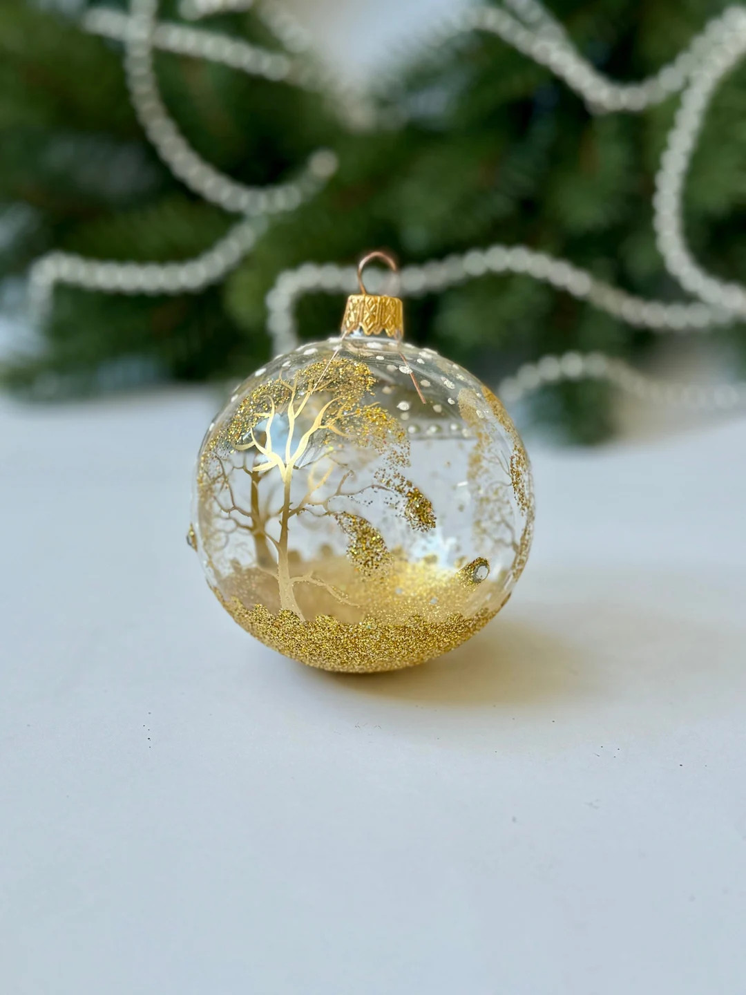 Gold Christmas Glass Ornament, Tree Woodland Xmas Tree Hanging Decoration, Rustic Winter Holiday ... | Etsy (US)