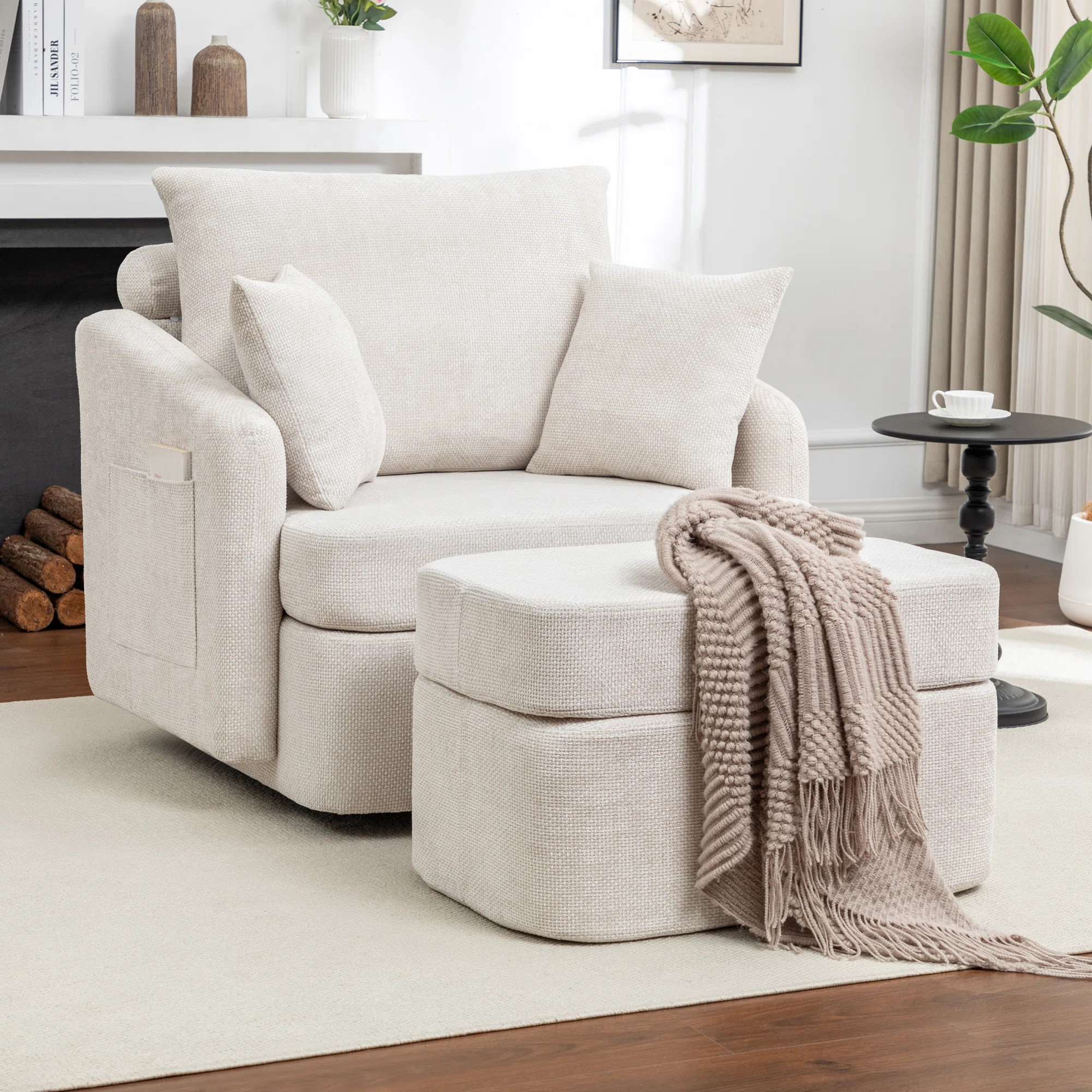 39''W Chenille Swivel  Swivel Accent Chair With Ottoman for Living Room with 2 Pillows | Wayfair North America