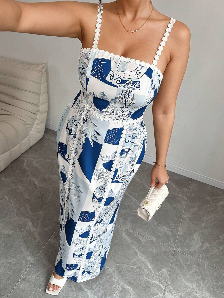 Elenzga Women's Blue And White Porcelain Print Woven Slip Dress | SHEIN