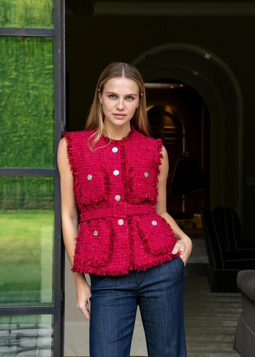 Cherise Belted Tweed Button Down Fringe Vest - Red | Benaar La