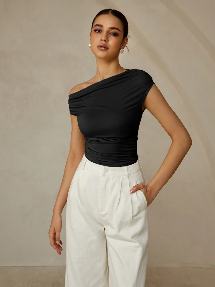 Asymmetrical Neck Sleeveless T-Shirt | Commense