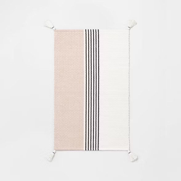 Bold Center Stripes Colorblock Bath Rug Dusty Rose/Railroad Gray - Hearth & Hand™ with Magnolia | Target