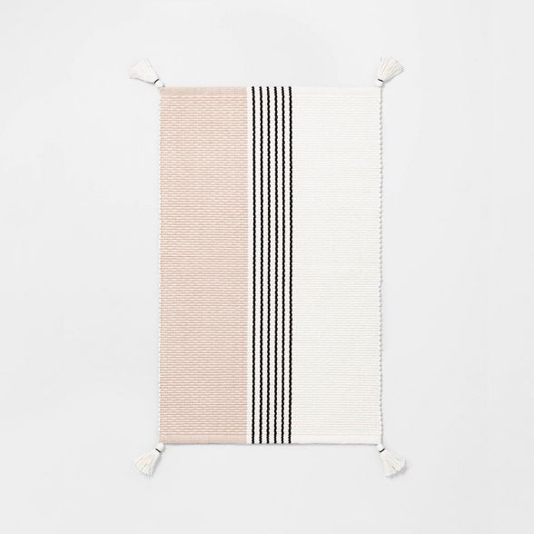 Bold Center Stripes Colorblock Bath Rug Dusty Rose/Railroad Gray - Hearth & Hand™ with Magnolia | Target