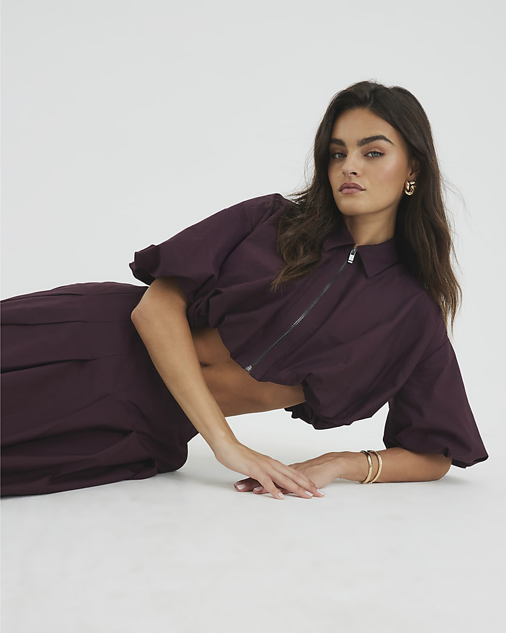 Purple Bubble Hem Zip Front Cropped Shirt | River Island UK & IE