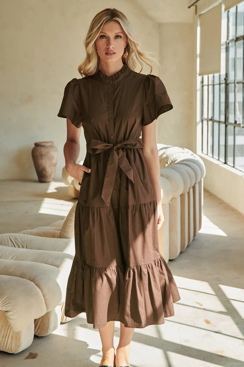 Bellucci Poplin Button Front Tiered Midi Dress | Sugarlips