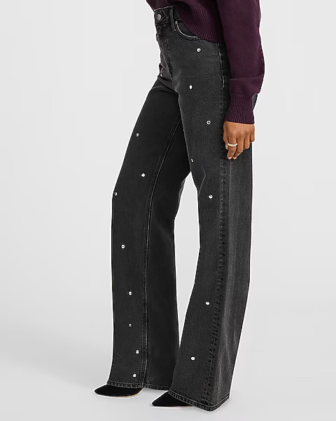 High Waisted Black Wash Silver Studded Relaxed Straight Jeans | Express