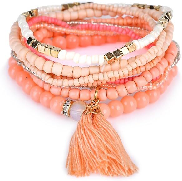 Bohemian Beads Pearl Tassel Multi Strand Textured Stackable Bangle Bracelet Set(bl003054) | Amazon (US)