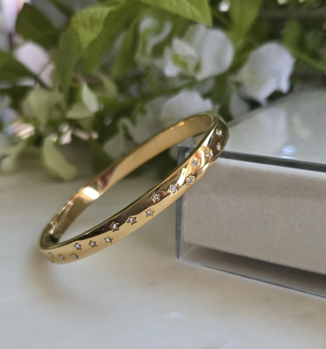 Gold Star Bangle, 18k gold plated CZ diamond bangle, water proof bangle bracelet, stacking jewelr... | Etsy (US)
