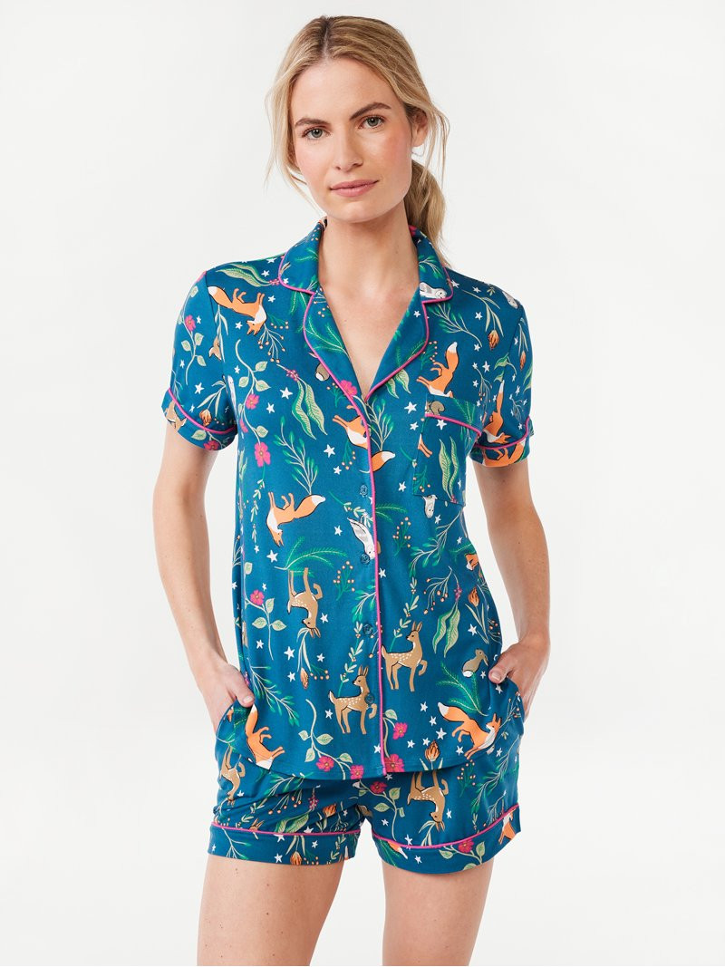 Joyspun Women's Print Notch Collar Top and Shorts Pajama Set, 2-Piece, Sizes S to 3X | Walmart (US)
