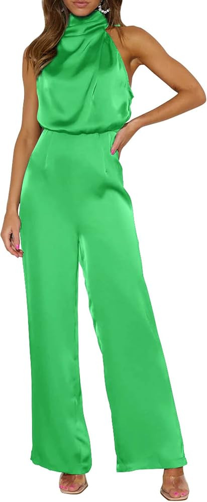 PRETTYGARDEN Women's Satin Jumpsuits 2024 Summer One Piece Outfits Mock Neck Sleeveless Wide Leg ... | Amazon (US)