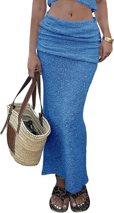 Saodimallsu Womens Beach Cover Up Maxi Skirt Sheer Fuzzy Knit Fold Over Mid Rise 2026 Summer Swim... | Amazon (US)