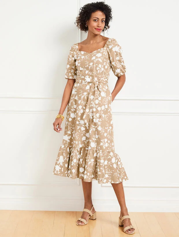 Silhouette Blooms Puff Sleeve Poplin Midi Dress | Talbots