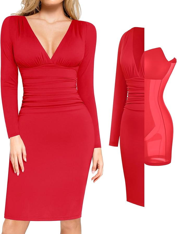 Popilush Long Sleeve Bodycon Dress Shapewear Dress V Neck Ruched Midi Party Cocktail Dresses | Amazon (US)