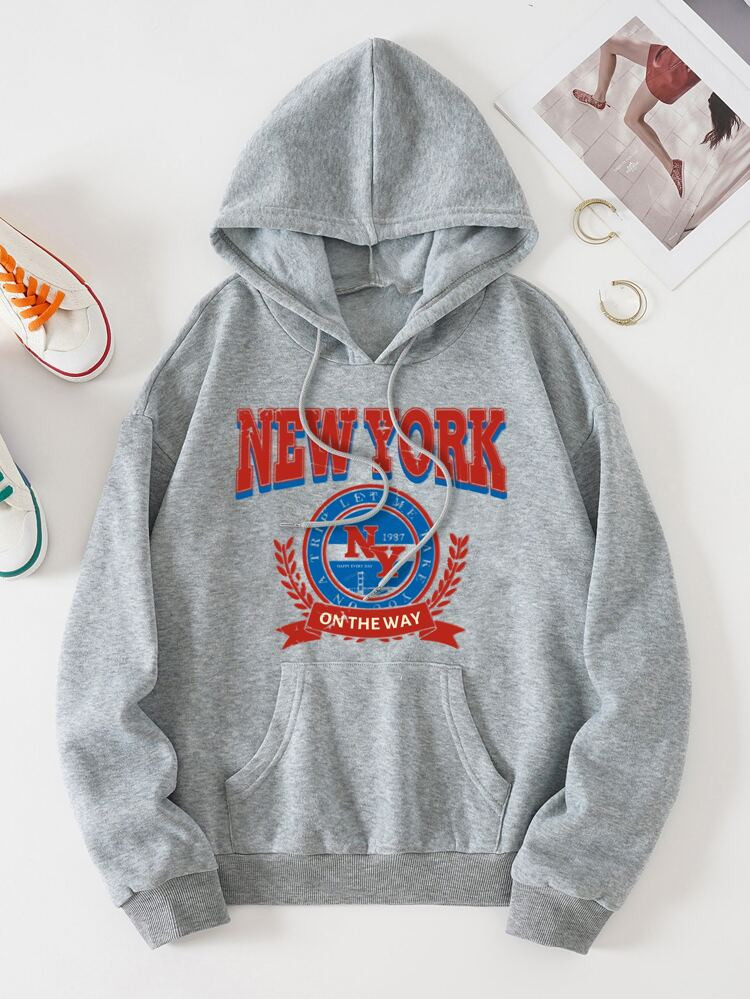 Letter Graphic Kangaroo Pocket Drawstring Thermal Hoodie | SHEIN