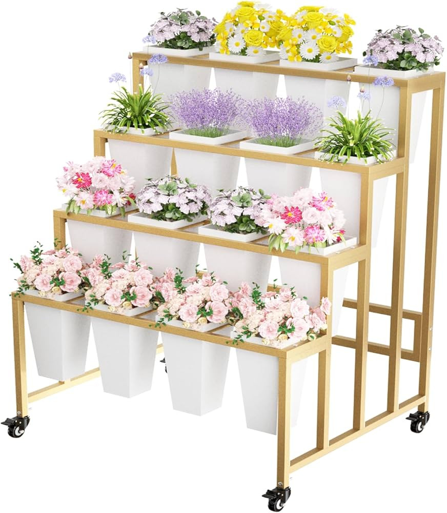 Flower Display Stand with 16 Buckets, 4 Layers Flower Bar, Gold Metal Plant Stand with Wheels, He... | Amazon (US)