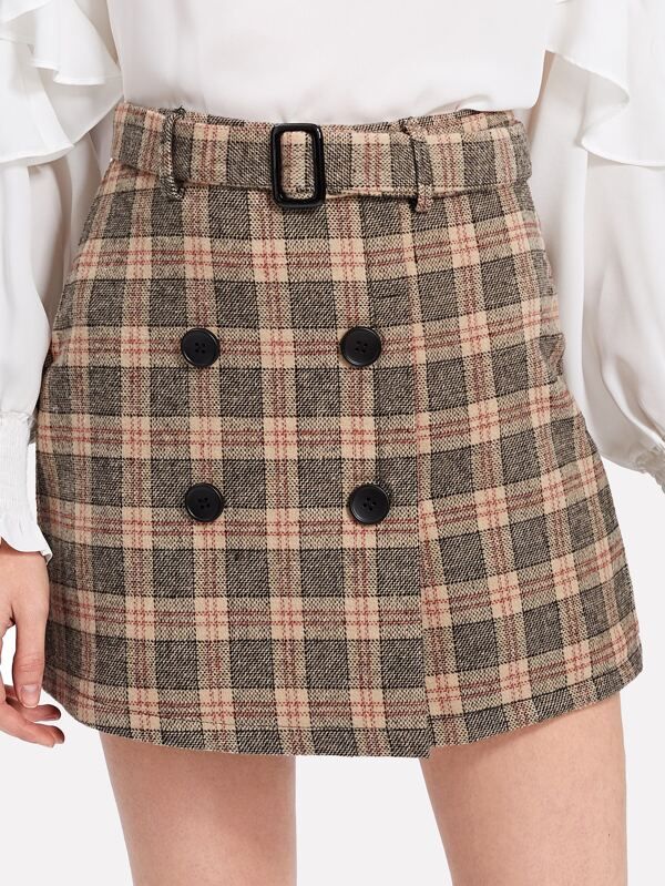 Double Breasted Tartan Plaid Skirt | SHEIN