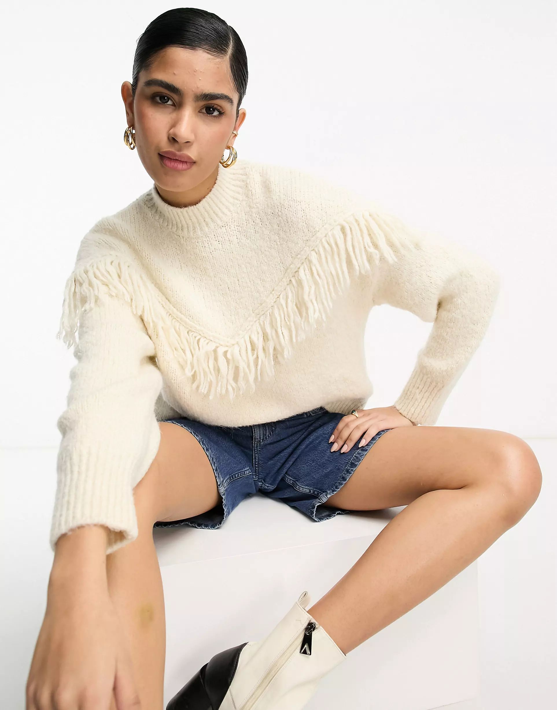 Mango fringe detail sweater in cream | ASOS (Global)