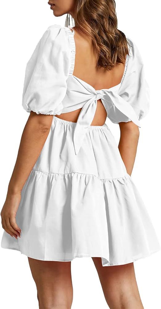 OWNGIGI Women's Summer Dress Square Neck Puffy Short Sleeve Loose Tie Back Casual A-Line Mini Dre... | Amazon (US)
