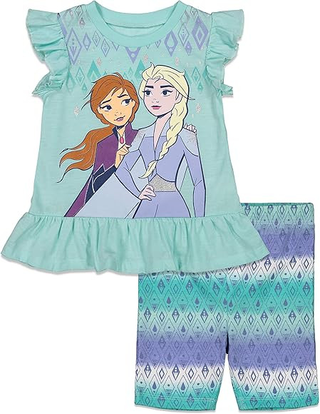 Disney Frozen Elsa Anna Girls Fashion T-Shirt and Bike Shorts Set | Amazon (US)