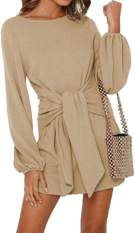 Women's Autumn Winter Long Lantern Sleeve Knitted Bodycon Tie Waist Pencil Sweater Dress | Amazon (US)